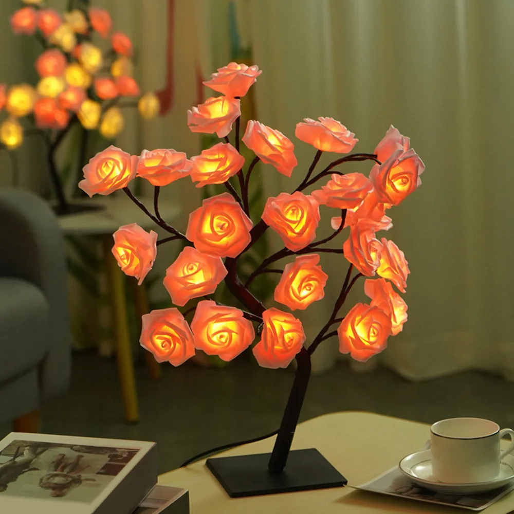 Luz LED de árbol de flores rosas, lámpara de mesa USB, Rosa Artificial, bonsái, luz nocturna, lámpara de ambiente para dormitorio, regalo del Día de San Valentín de Navidad