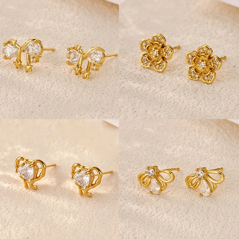 Pendientes de Corazón con Circonita en Forma de Gota de Agua para Mujer, Color Dorado, con Lazo y Flor, Joyería de Moda, Regalos para Toda Ocasión