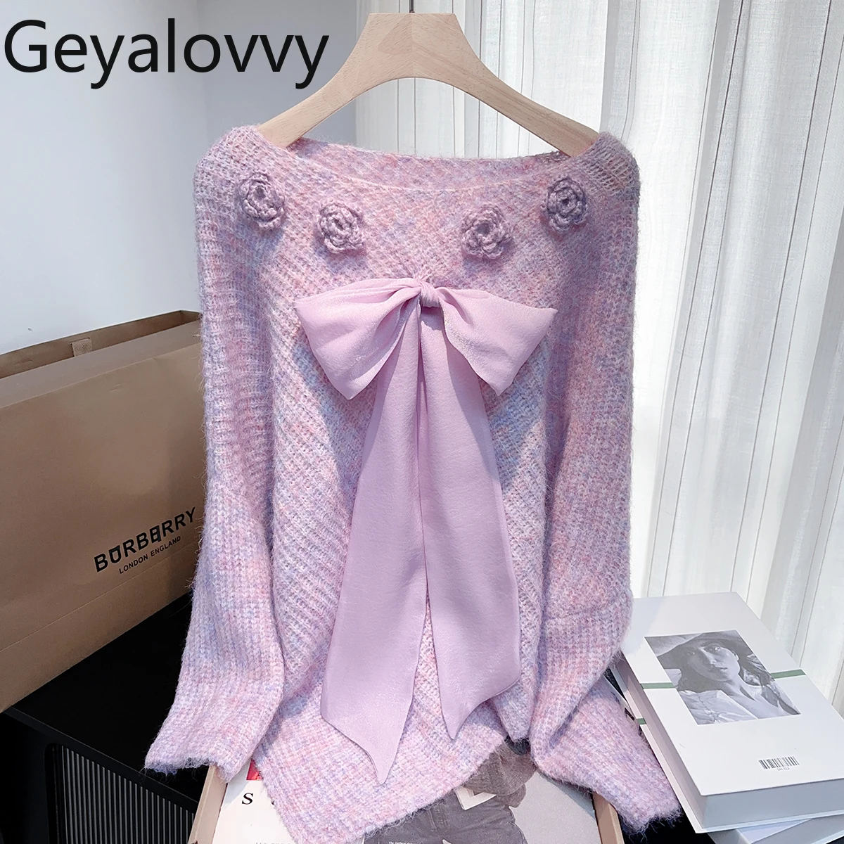 

Нежный стиль, пуловер с бантом и лентой, 3D цветок, свитер, женский осенне-зимний дизайн, милый универсальный свободный вязаный топ с открытыми плечами