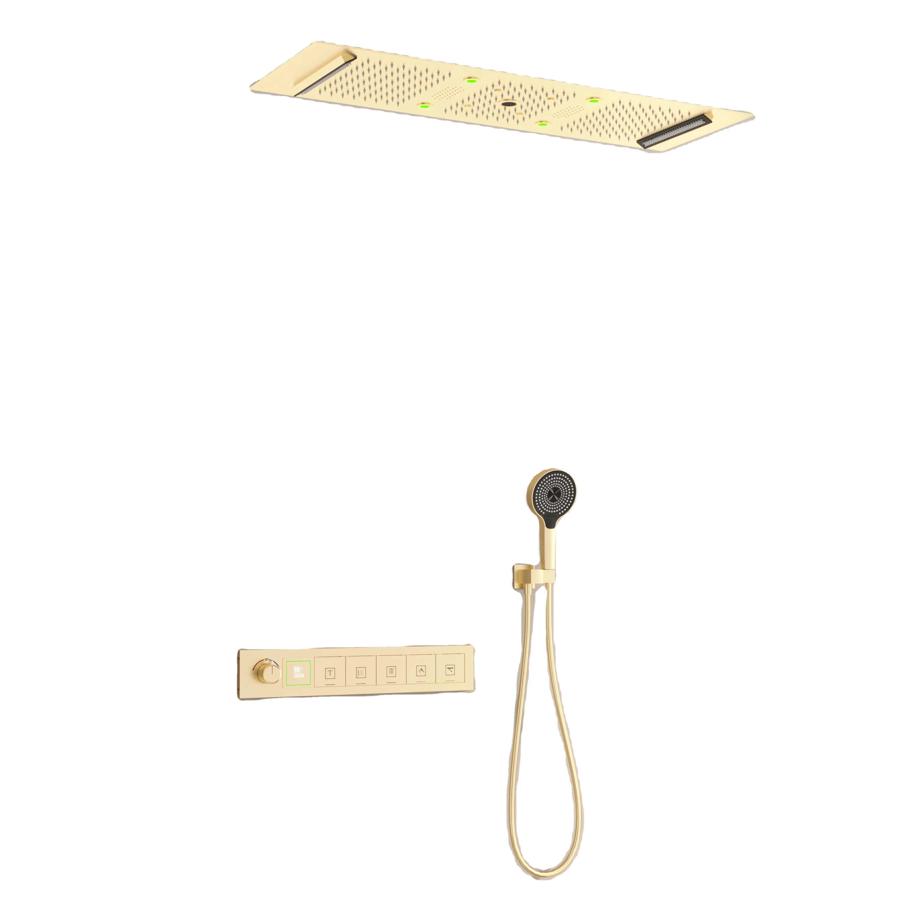 

Многофункциональный душевой набор 36*12 дюймов, душевая насадка с дождевой водопадом и музыкальным матовым золотом, термостатический светодиодный душевой набор