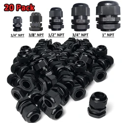 20 Pcs IP68 Waterproof Cable Gland Kit Nylon NPT Adjustable Cable Connector Assortment 1/4” 3/8” 1/2” 3/4” 1“ for Waterproof Box