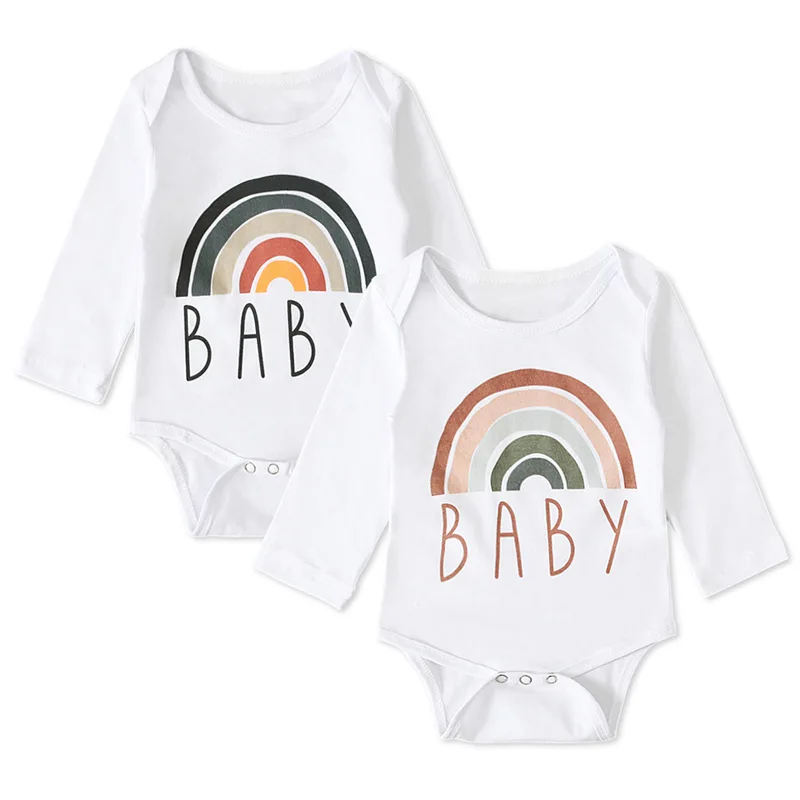 

Newborn Infant Baby Boys Bodysuits Autumn Long Sleeve Warm Jumpsuits Rainbow Letter Print Girls Clothes Outfit Toddler Kids A431