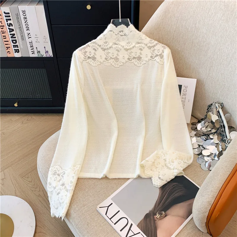 

High Collar Lace Trim Long Sleeve T-Shirt Women's Autumn Winter New Style Slimming Versatile Base Layer Top Korean Style Loos...
