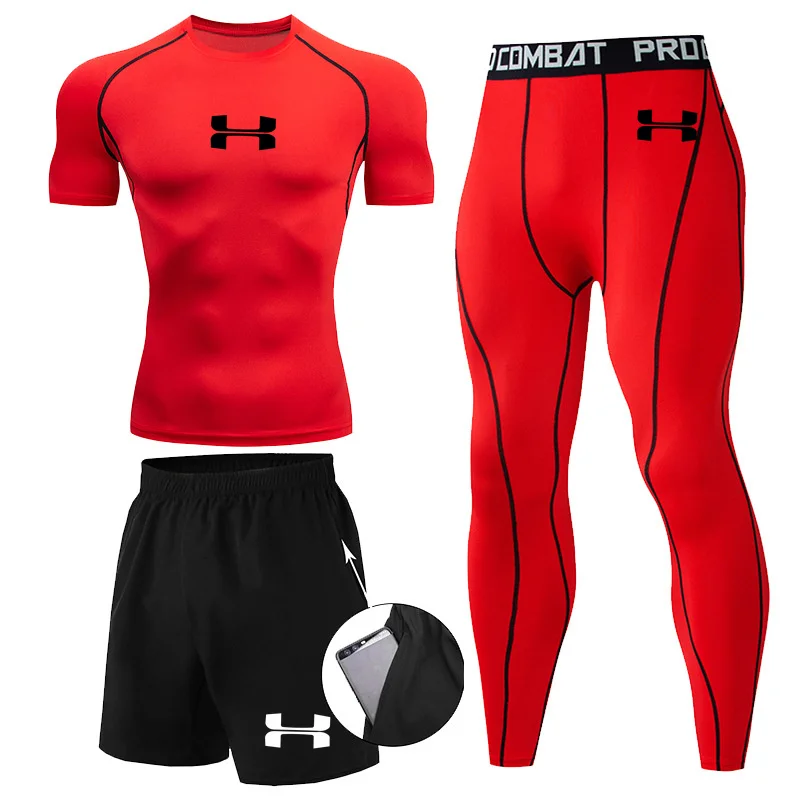 N-Print Rashguard Men Sportswear Compression Suits Quick Dry Gym Fitness Running Tracksuits Men T Shirts+Shorts 3 Pieces Sets