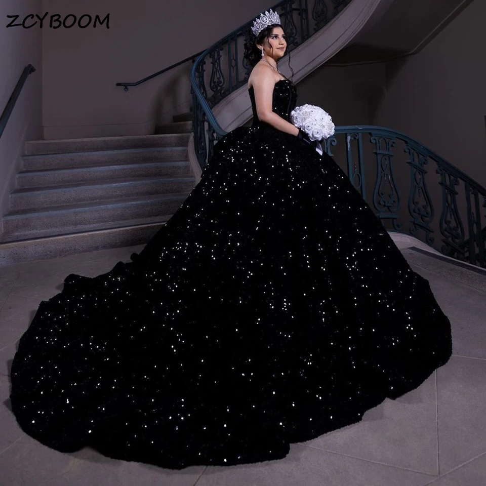 Luxury Sparkly Black Sequined Ball Gown Quinceanera Dresses 2023 Sweetheart Lace Up Back Party Prom Gowns Vestidos De 15 Años