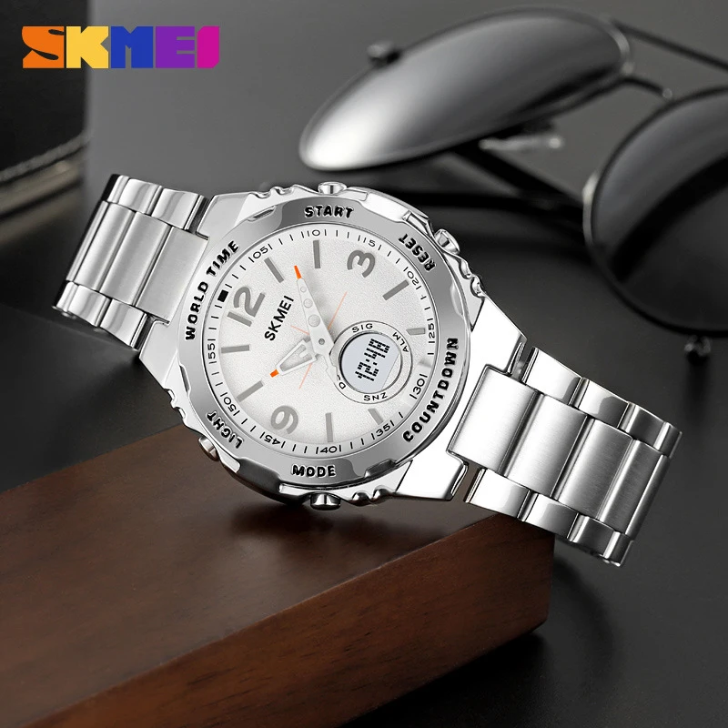 SKMEI Multifunction Men's Watch with Steel Band, Business Dual-Display Luminous Quartz Watch
