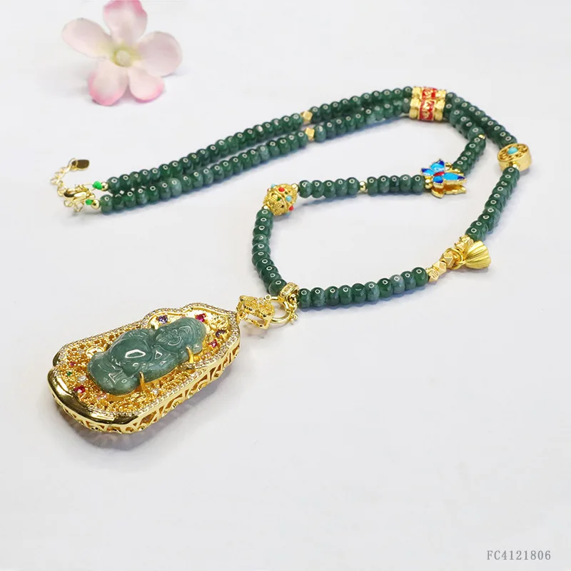 

Blue Water Jade God of Wealth Pendant Sweater Chain Natural Gemstone Fortune Jewelry Gift