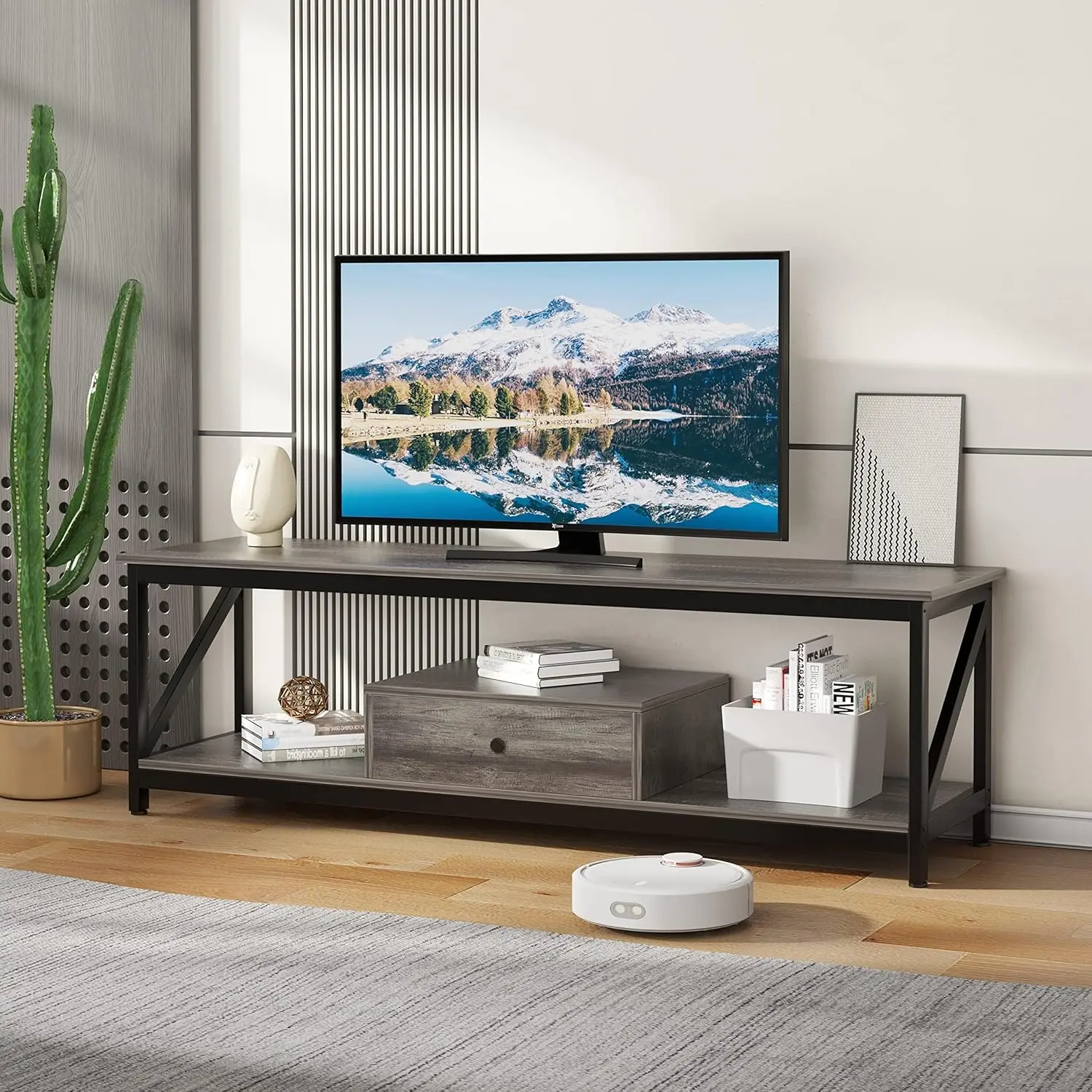 Modern TV Table，1 Drawer Wide TV Entertainment Center，Storage Shelves Sturdy Wooden TV Console Table，Metal Frame，Living Room