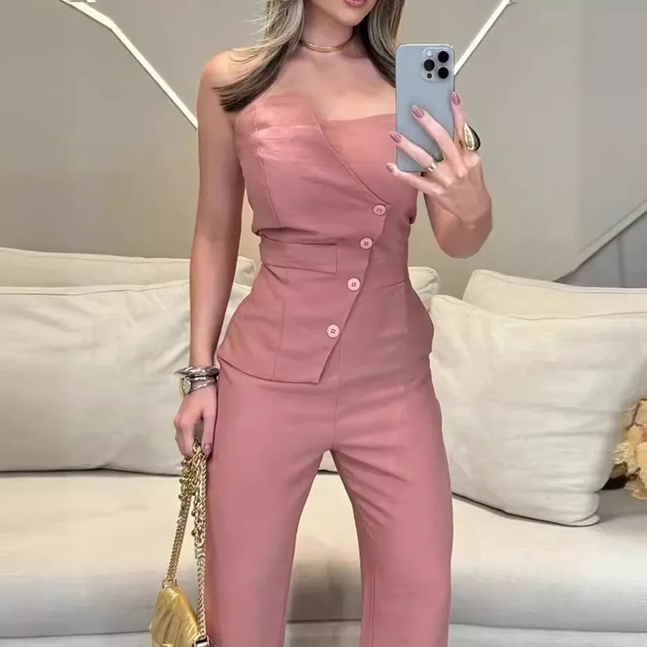 Sexy Jumpsuits for Woman Streetwear New Fashion Elegant Versatile Sleeveless Strapless Solid Jump Suit for Female Summer 2024