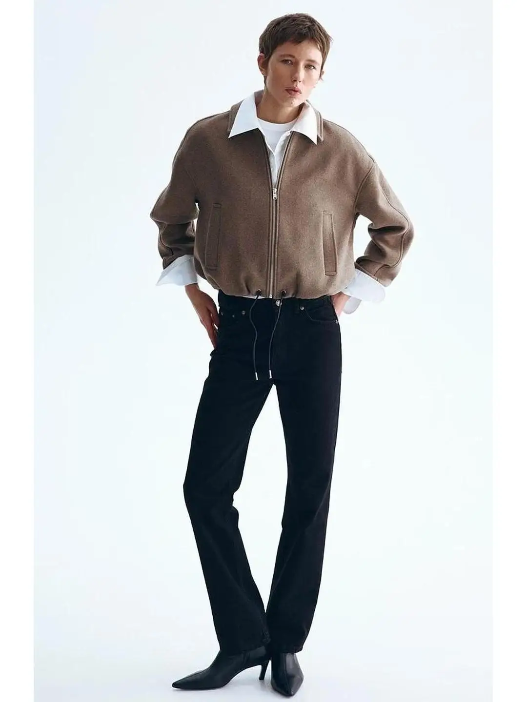 Casual Style Mixed Fiber Short Jacket Long Sleeve Turn-down Collar Short Coat for Women Polyester Fiber 3D Effect No Cap
