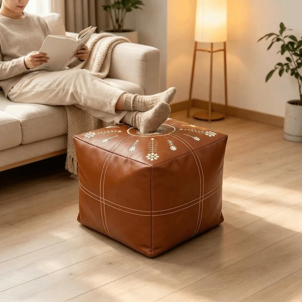 PU Leather Sofa Stool Cover Unstuffed Large Capacity Square Storage Pouf Embroidery Waterproof Storage Bag Clothes Storage