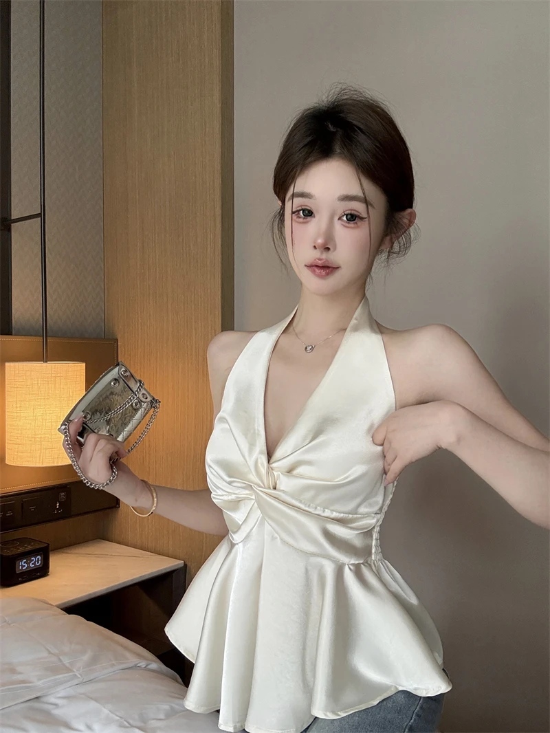 Kamizelka z odkrytymi plecami w jednolitym kolorze, seksowny krój, luksusowy wygląd, piękny top, koreański styl, do pracy, modna, plus size.