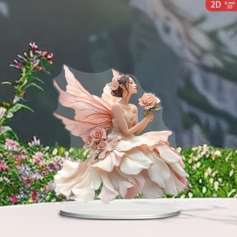 2D Flat, 2D Flat Bohemian Flower Fairy Decoration - Elegant Pink Tulle Fairy with Bouquet, for Desktop/Windowsill/Living Room Di