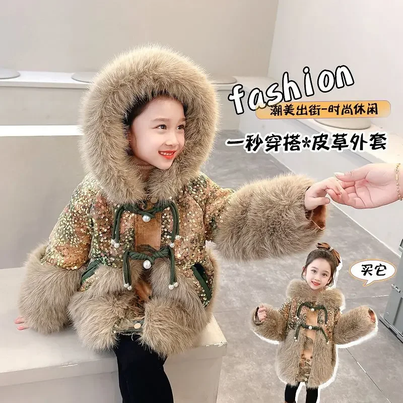 Winter Warm Jackets New Year Cotton Coats Cute Girls Jackets Baby Plus Velvet Thick  Kids Hooded Outerwear Children Shiny Coat