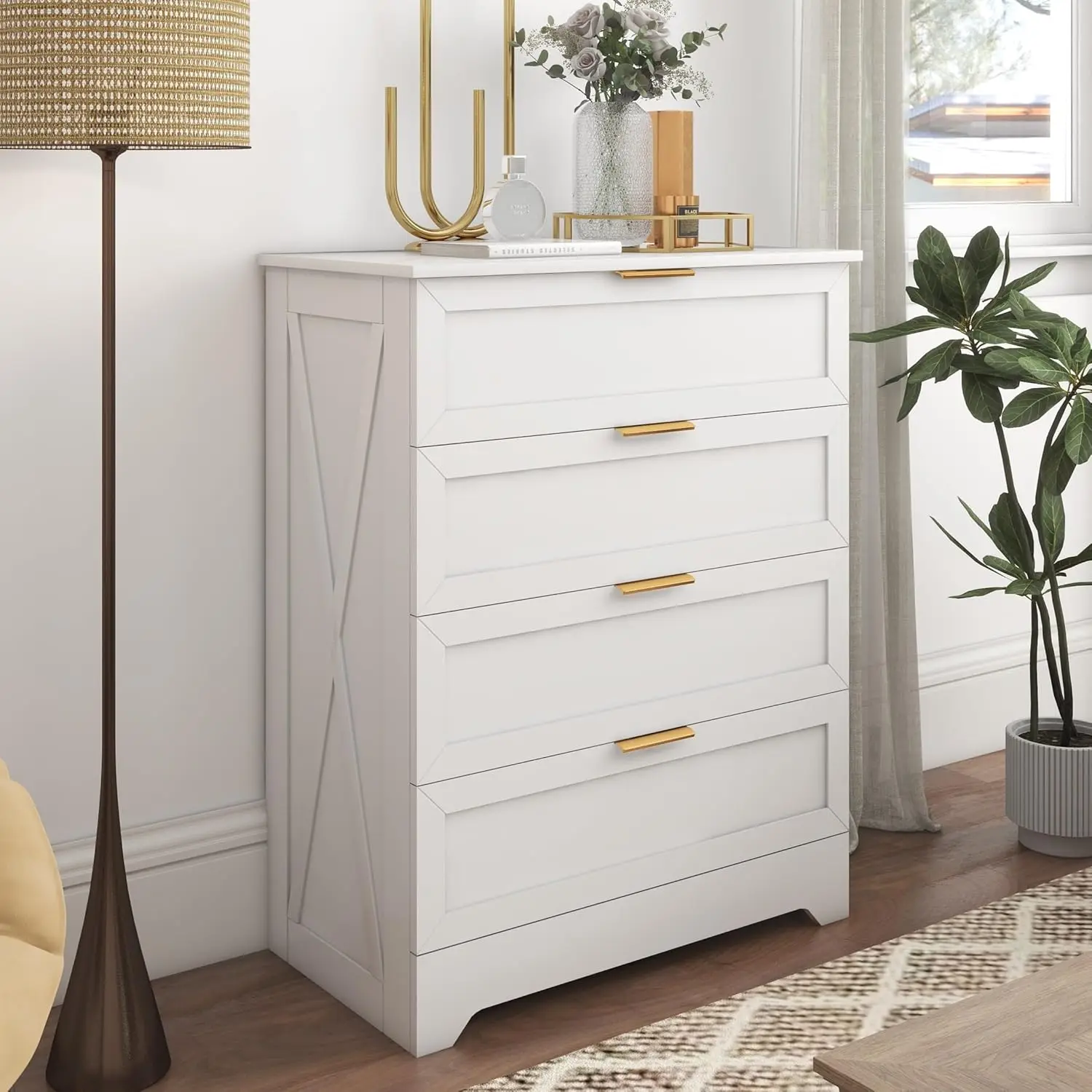 White 4 Drawer Dresser for Bedroom, Tall Bedroom Dresser with Large Drawer & Golden Handles, Wooden Storage Organizer Cabinet Ch