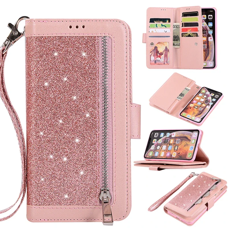 

Glitter Pu Leather Phone Case For iPhone 15 14 13 12 Mini 11 Pro XS Max XR X 8 7 Plus SE TPU Frame Wallet Card Slot Holder Cover