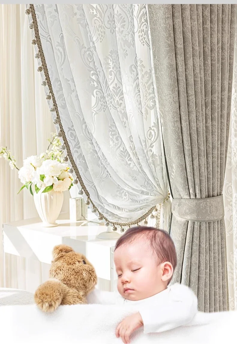 New Relief Jacquard Beige Chenille Curtains for Living Rooms Bedrooms Villas Custom Size Tulle Blackout Window Screens Valance