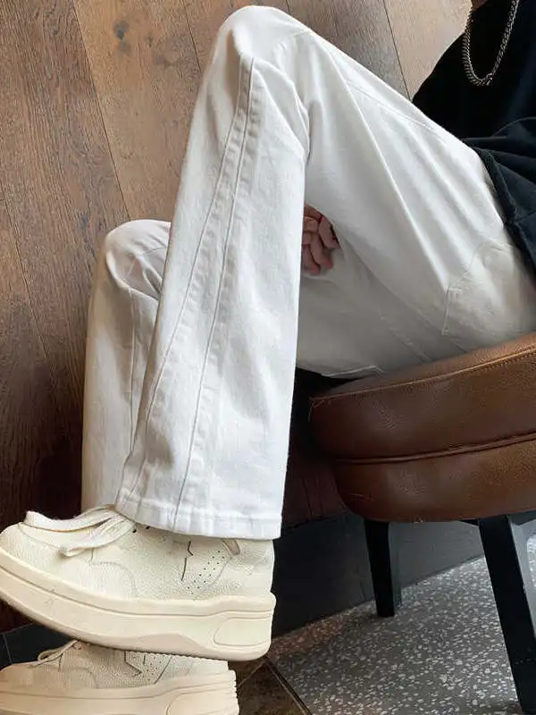 

American High Street Vibe Men's Jeans White CleanFit Straight Leg Jeans Trendy Brand Bootcut Jeans for Autumn
