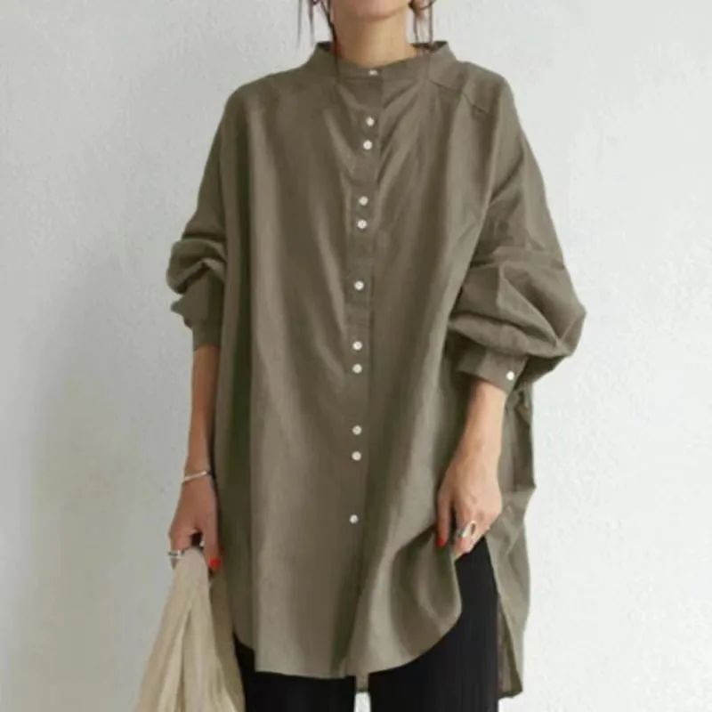 Retro Stand Up Collar Single Breasted Long Sleeved Shirt Casual Loose Solid Color Cotton Linen Base Shirt for Women