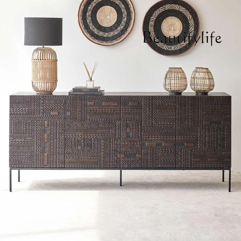 Nordic Retro Porch Industrial Style Storage, Simple Solid Wood Hand-Carved Sideboard Cabinet