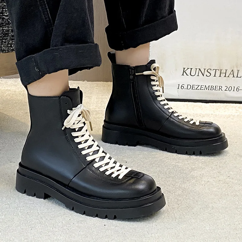 

large size mens casual genuine leather boots lace-up platform shoes black stylish cowboy spring autumn boot ankle botas hombre
