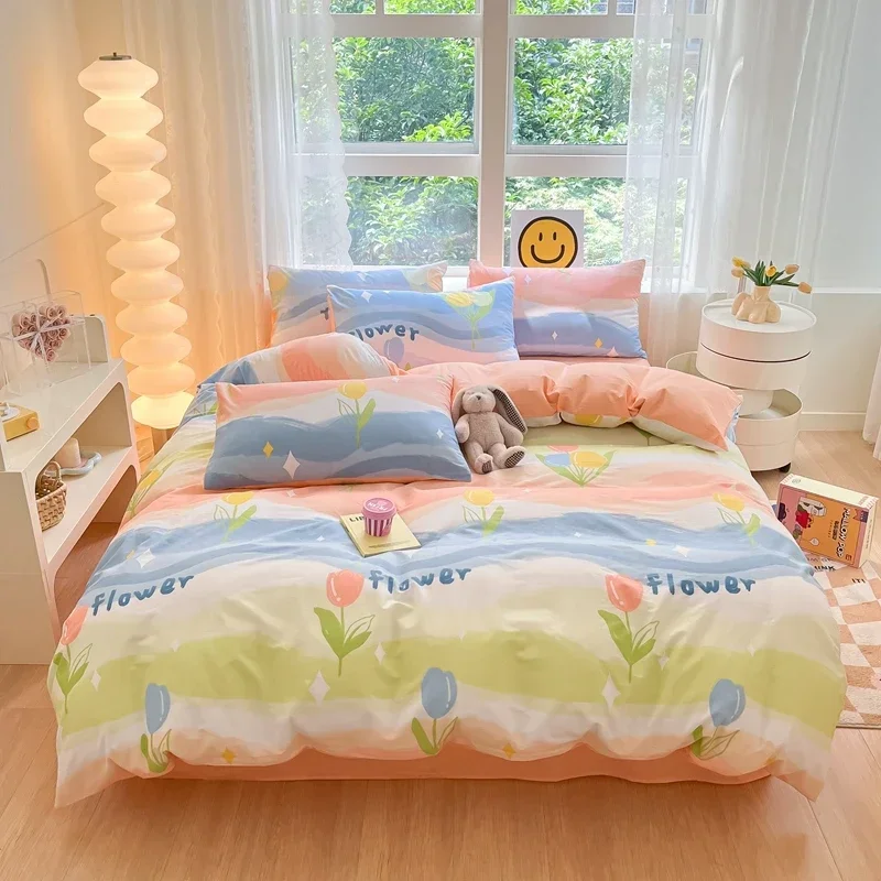 3Pcs Cartoon Style Colored Flowers 100% Cotton Duvet Cover Set Skin-friendly Soft Comforter Cover with 2 Pillowcases Bedding Set