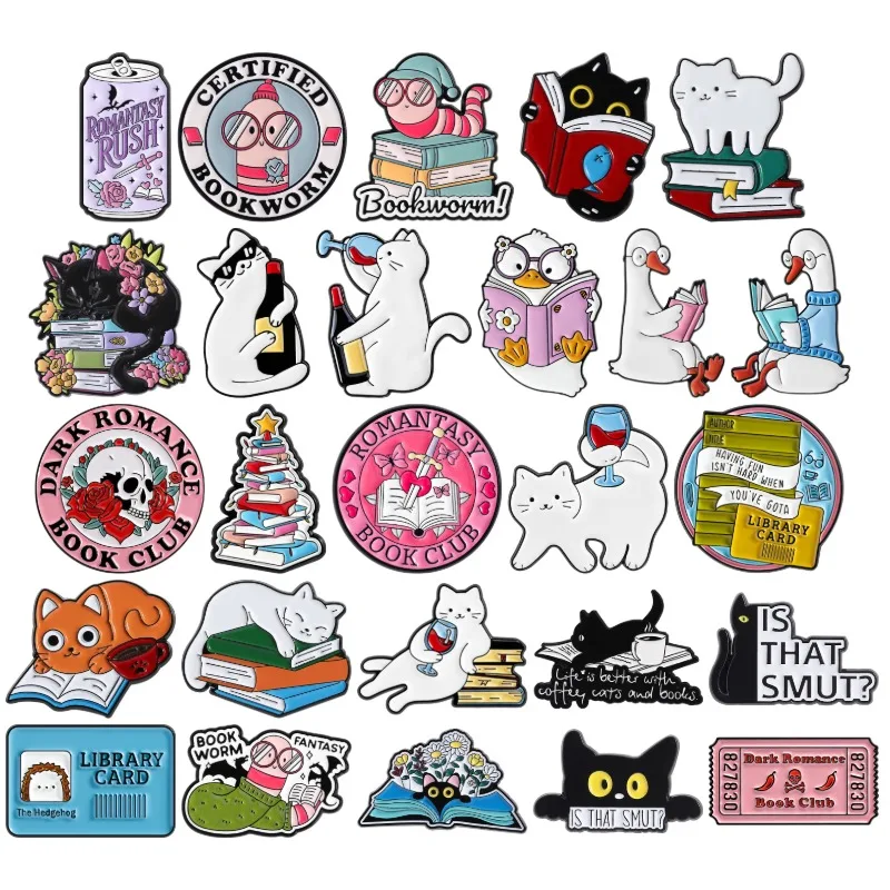 Katzen Buch Sammlung Emaille Pin Lesen Wein Floral Kaffee Bücherwurm Broschen Tasche Revers Abzeichen Cartoon Leser Schmuck Geschenk