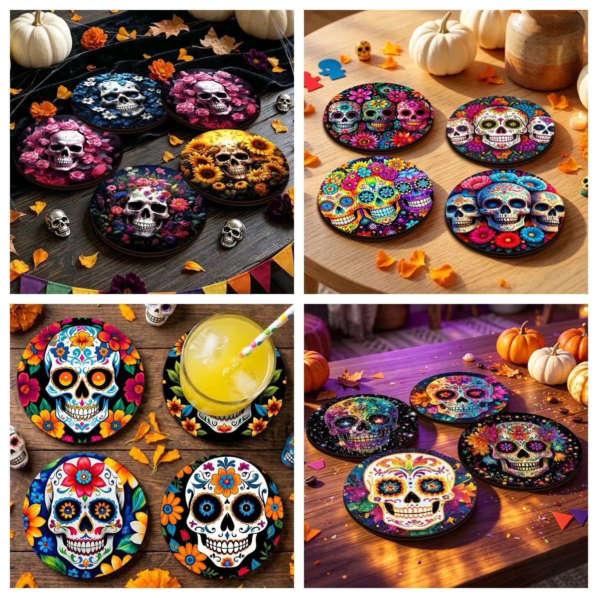 4PCS Day of The Dead Sugar Skull Wooden Coasters, Calavera Round Drink Mats, Dia De Los Muertos Decoupage Tabletop Protectors