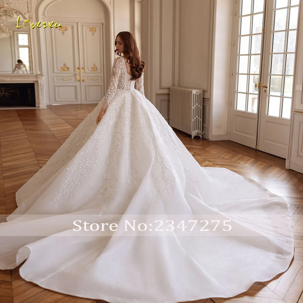 Loverxu Ball Gown Royal Wedding Dresses Boat Neck Vestido De Novia Lace Sequined Court Train Shiny Custom Made Bridal Gowns