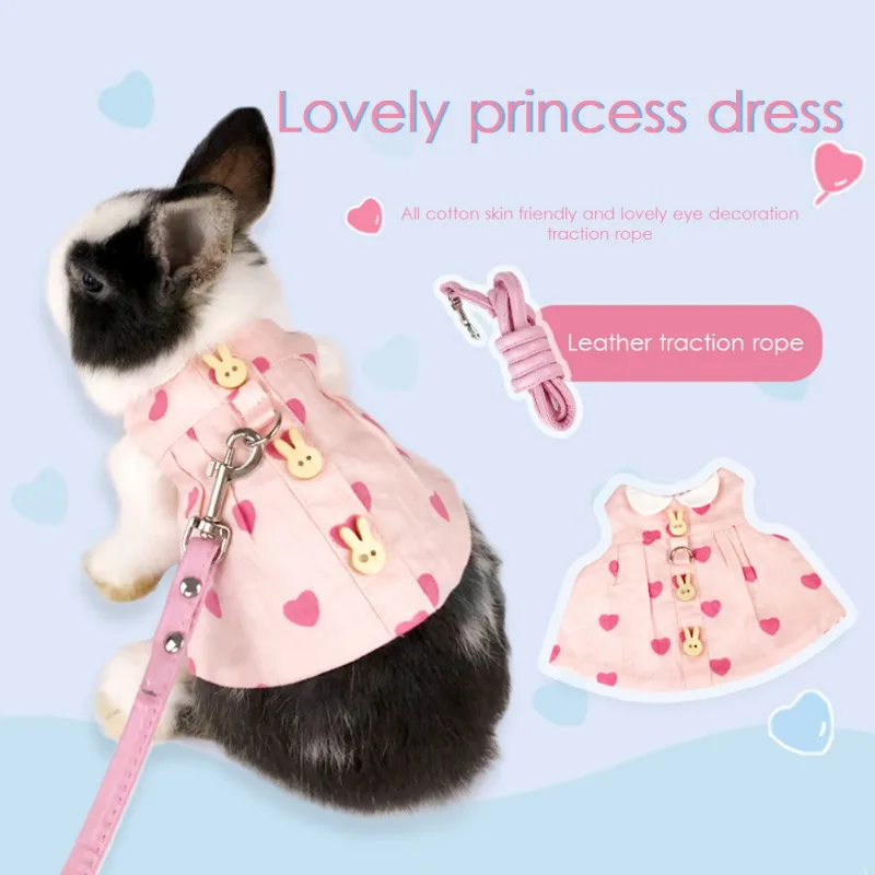 Rabbit Clothes Sets Heart Print Pet Dress+Collar+Hat 3Pcs Clothes Suits Young Rabbit Kitten Chest And Back Clothing with Collar