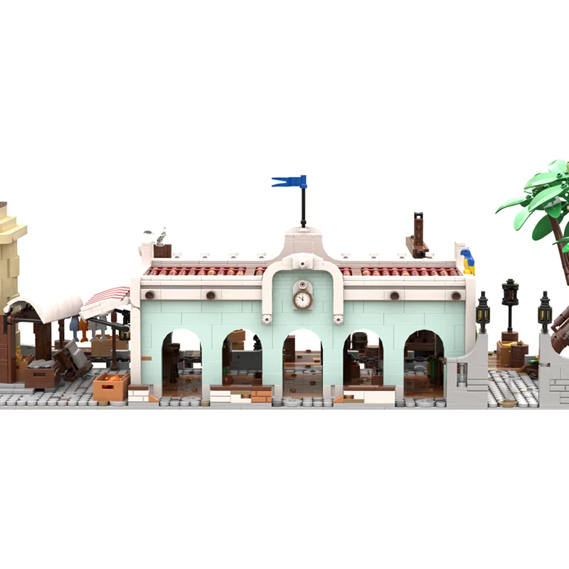 Klocki konstrukcyjne Moc, model Marketu na Brzegu Morza, technologia, modułowy model pirackiej fortecy, zabawka z klocków, montaż DIY, prezenty świąteczne