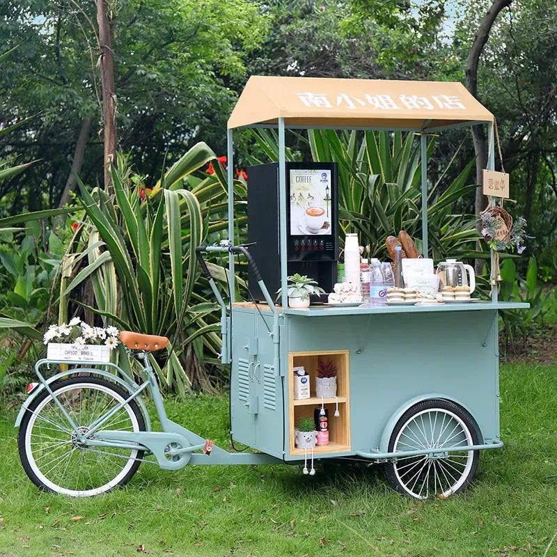 Creative Mobile Bicycle Dining Cart Wrought Iron Tricycle Vending Stall for Street Market Square Shopping Mall Food Vendor