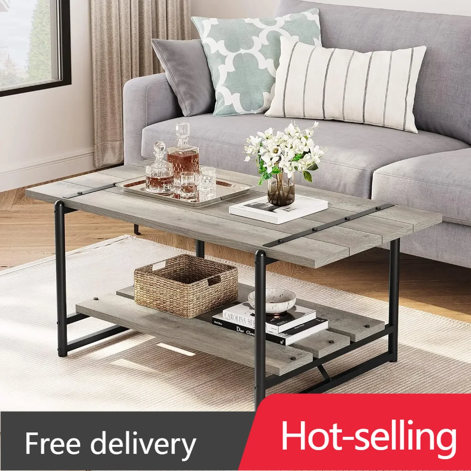 

2-уровневый фермерский дом, 41 дюйм, большой серый деревянный журнальный столик с полкой для хранения - деревенский металлический прямоугольный центральный журнальный столик для гостиной