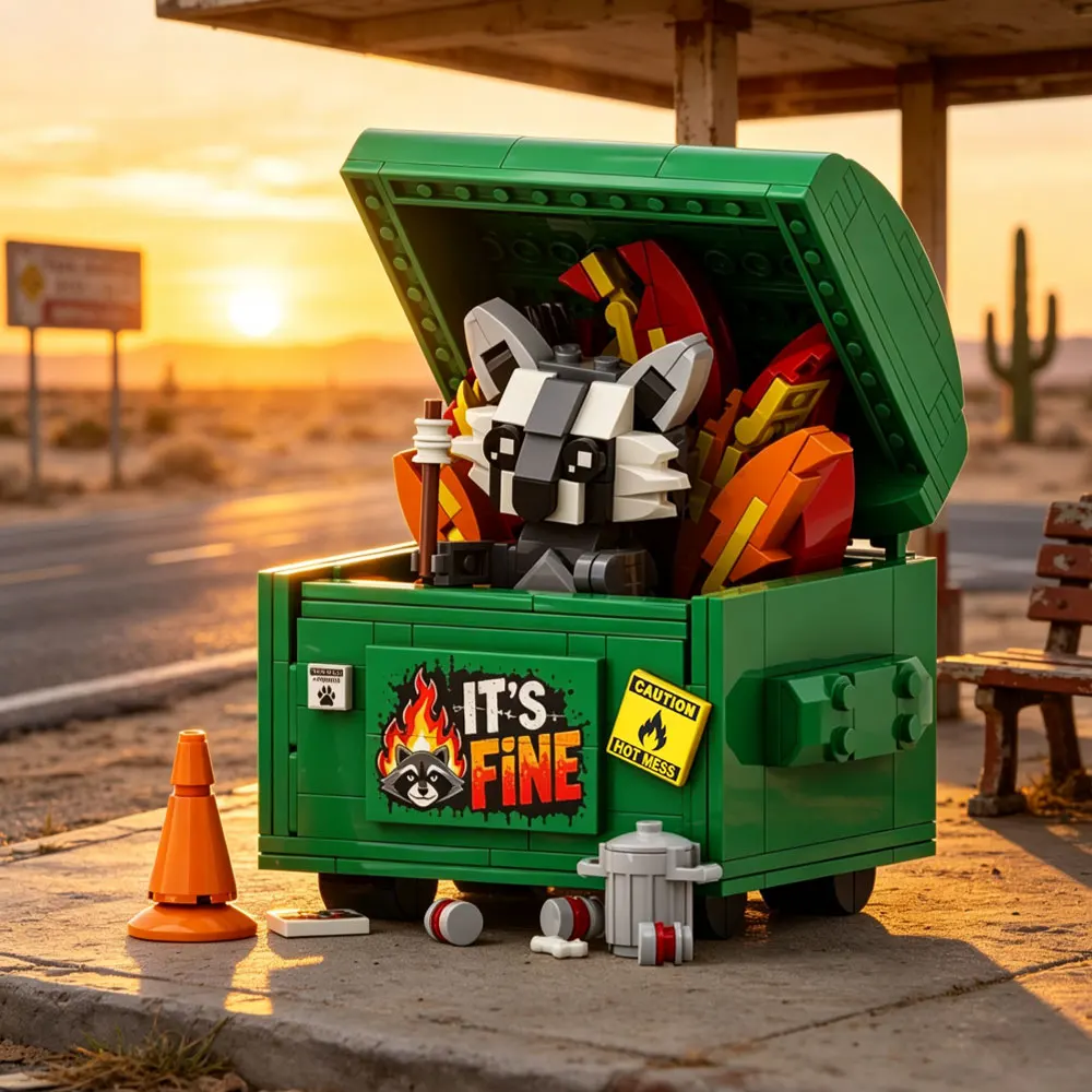 MOC Garbage Can Raccoon Building Blocks Kit Green Trash Can and The Burning Panda Creative Home Decor Toy Bricks Adult Gift