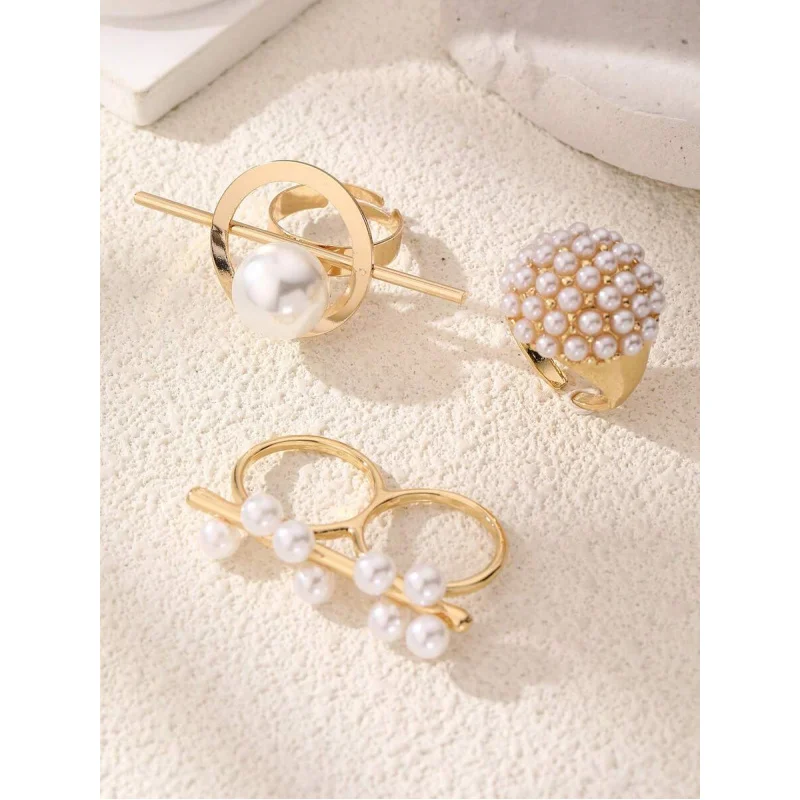 3pcs Asymmetrical Geometric Pearl Ring,Daily Wear,Jewelry For Women Gift