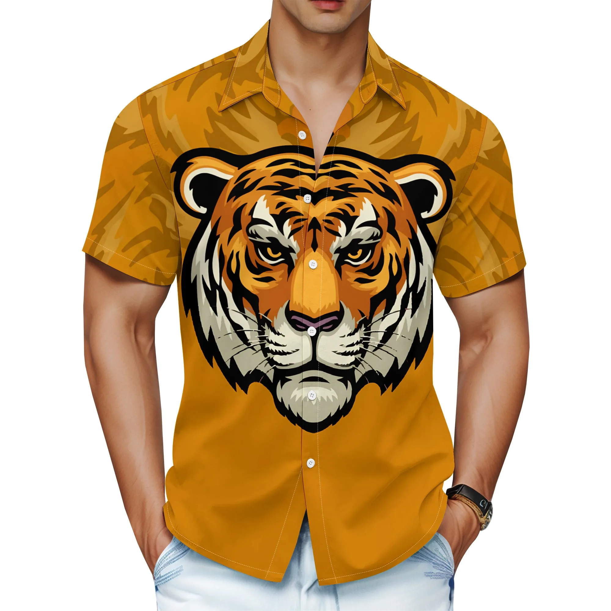 YEAE Men's Tiger Head Print Shirt Short Sleeve Regular Size