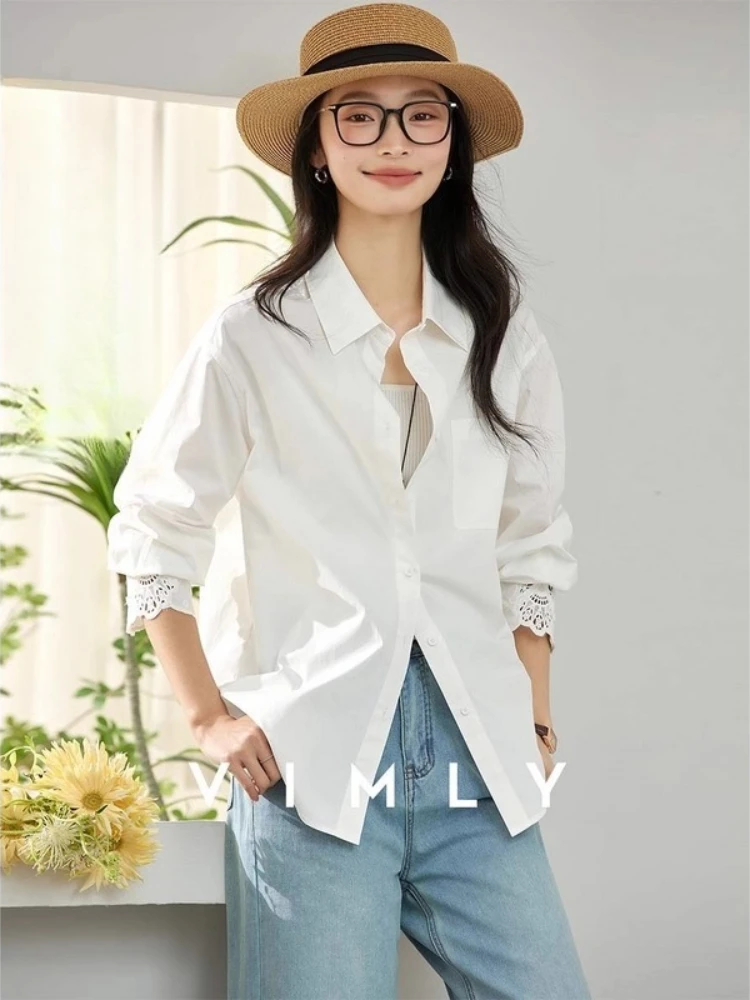 

VIMLY Women's White Shirts New 2025 Autumn Long Sleeve Embroider Hollow Out Shirt Polo Pure Cotton Loose Female Blouses A1932