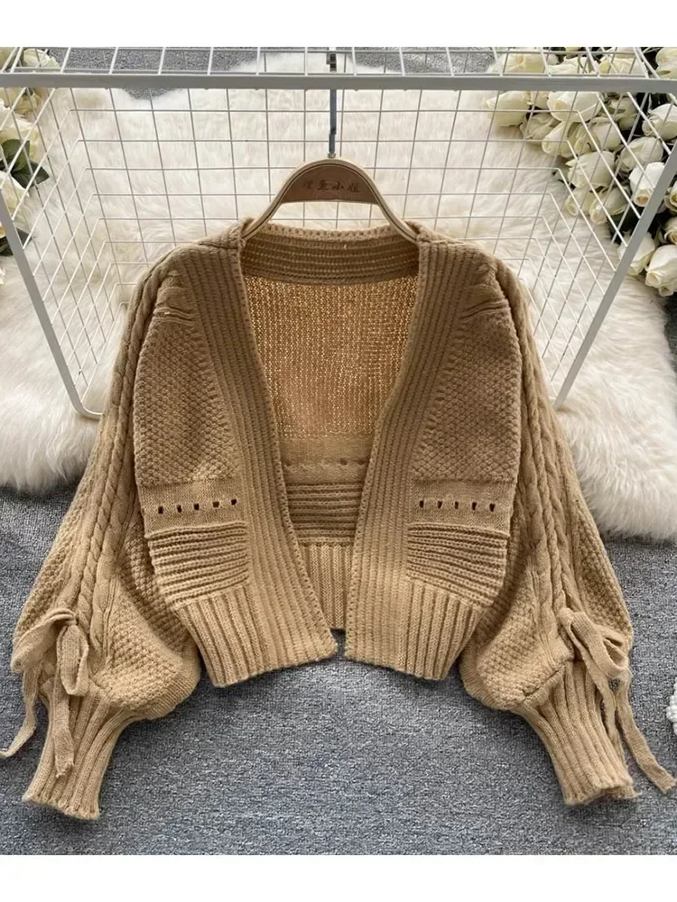 Women Autumn Winter Cardigan Design Sense Lantern Sleeve Knitted Versatile Knitting Bow Tie Short Long Sleeve Shawl Top D2156