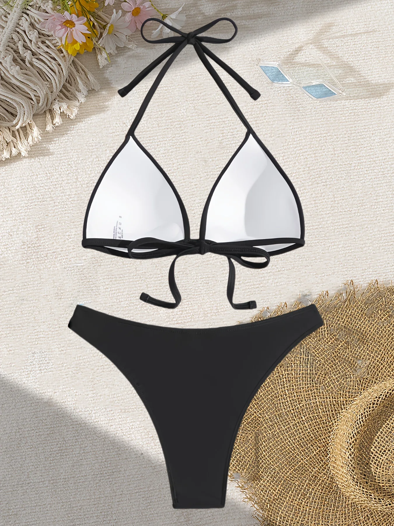 2025 Women Sexy Backless Bikini Set Slimming Solid Black Color Two-Piece Adjustable Tie-Side Triangle Top Summer Beach Swimwear