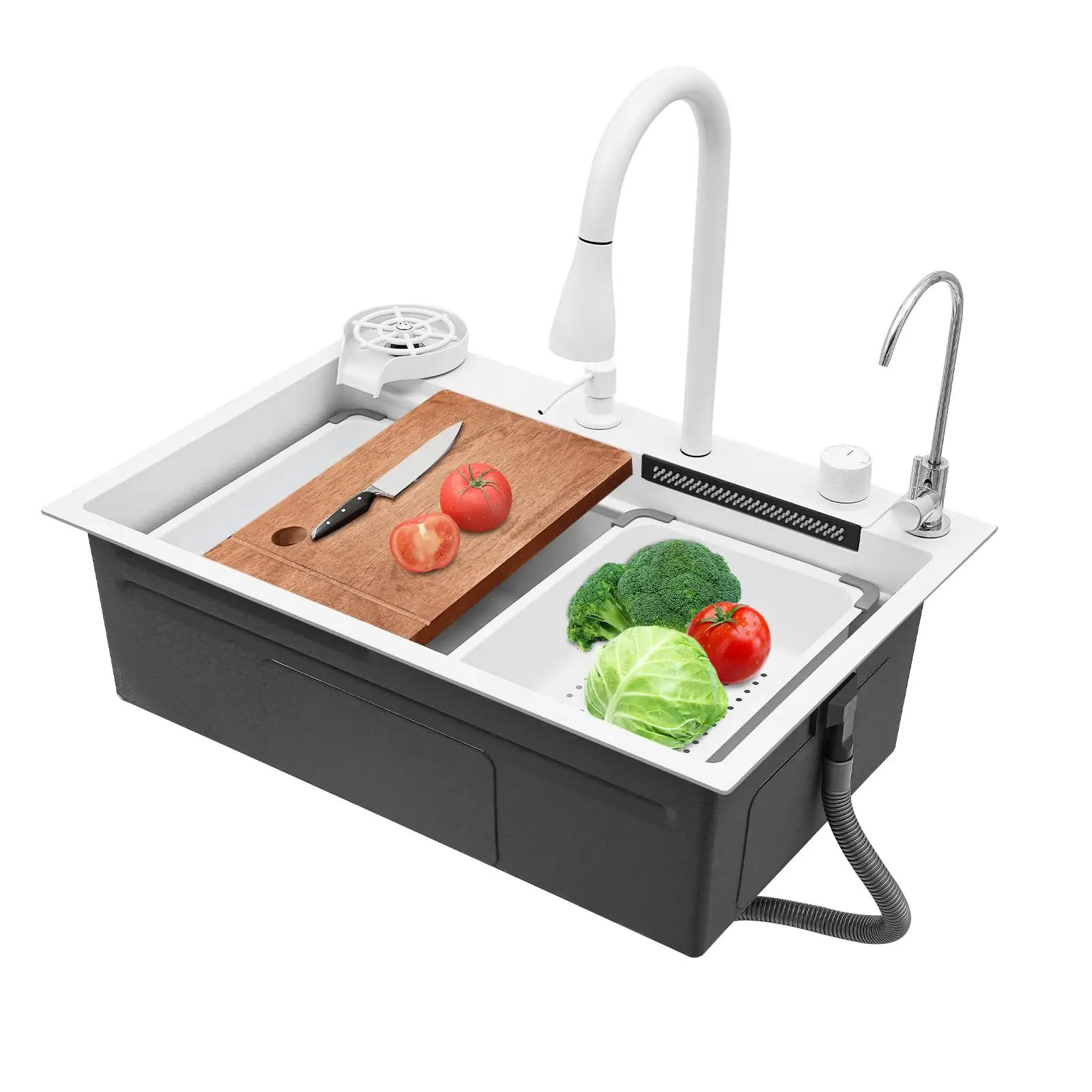 

Waterfall Kitchen Sink Stainless Steel Countertop Single Bowl Workstation Sink with Pull-out Faucet,Multi-function Kitchen Si-nk