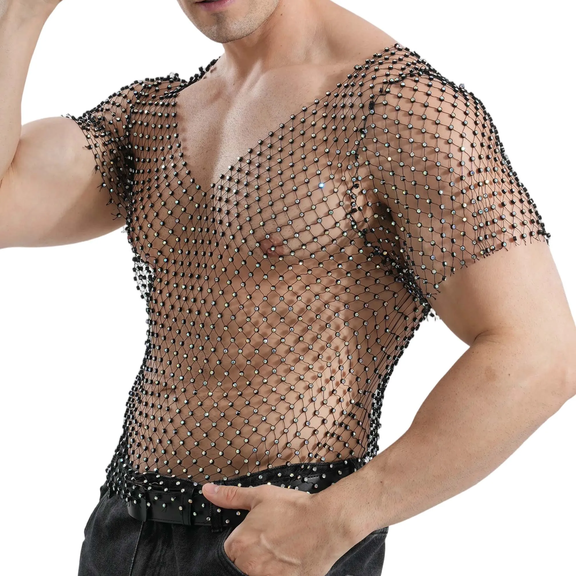 Hollow Out Stylish Men's T-Shirts Tops See Through Fishnet Rhinestone Short Sleeve Festival Sexy Tees Club Party Rave Costumes