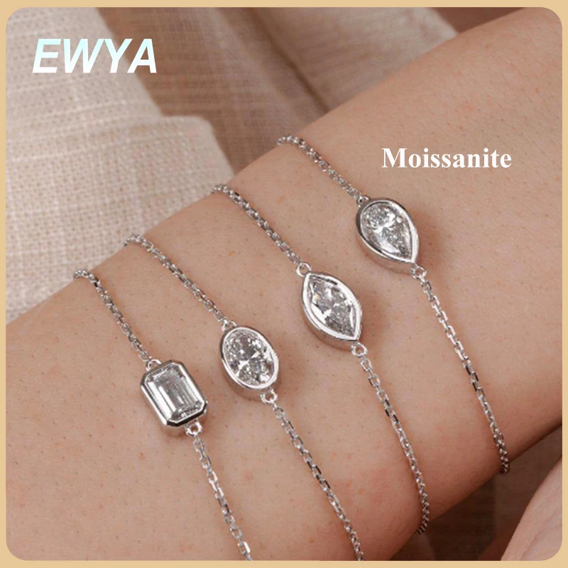 

EWYA 1/2CT Pear Oval Emerald Cut Moissanite Bezel Solitaire Link Bracelet Women S925 Silver Diamond Bridal Hand Chain Wristwear