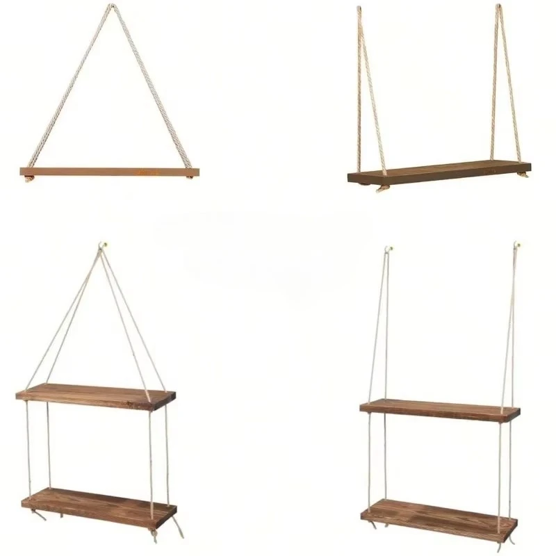 

1PCS Wooden Swing Hanging Hemp Rope Wall Shelve Mounted Floating Home Room Plant Flower Pot Tray Storage Rack Garden Decoration