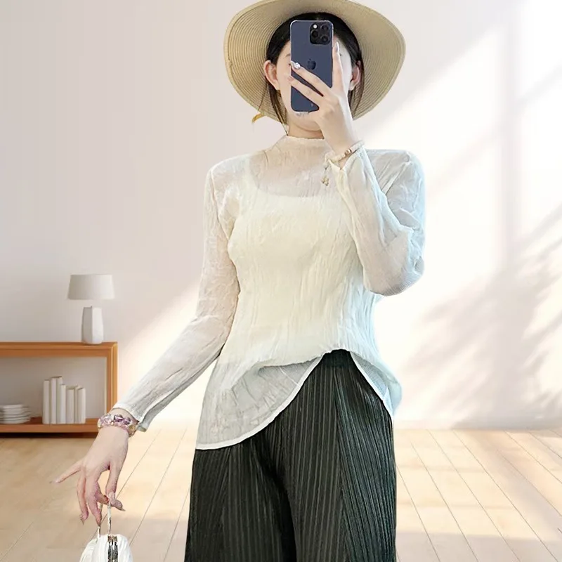 

Miyake плиссированная блузка женская с длинными рукавами 202, весна-осень, тонкая темпераментная универсальная однотонная тонкая футболка, одежда