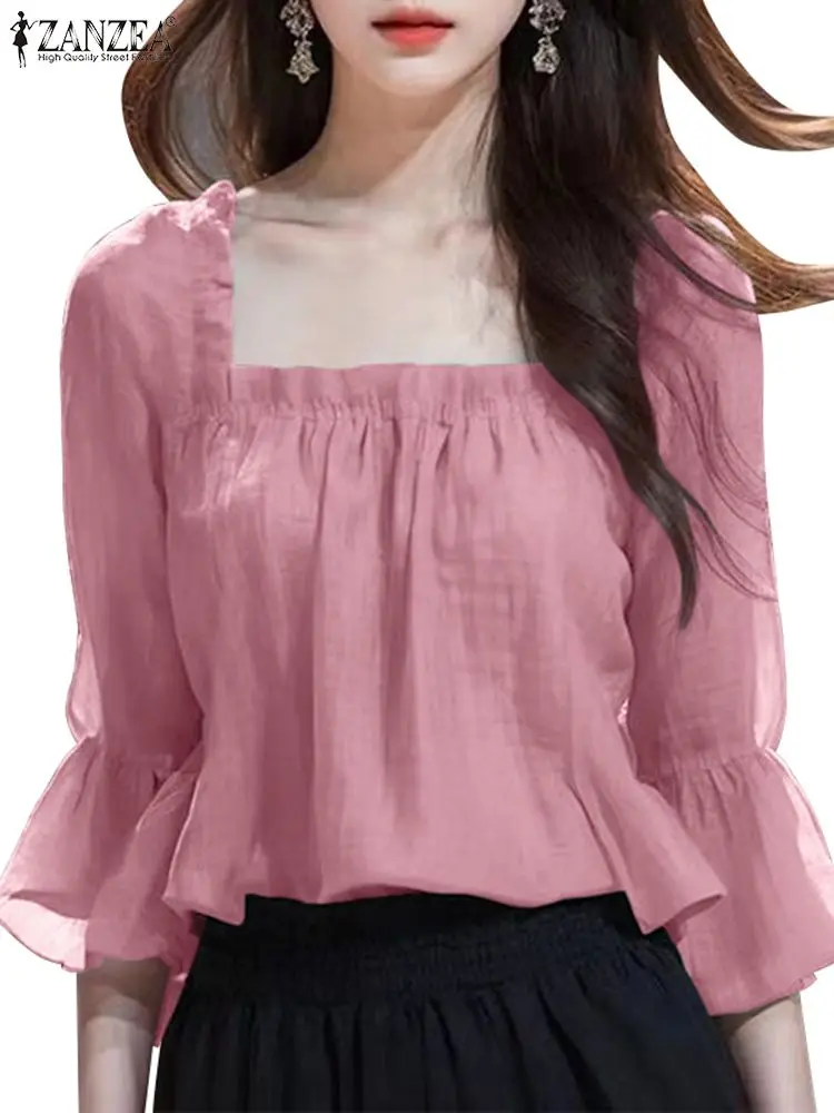 ZANZEA Women Square Collar Tops Fashion Ruffled 3/4 Sleeve Blouse Casual Loose Solid Color Shirts Holiday Pleating Chiffon Tunic