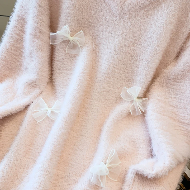 MEXZT Sweet Bow Sweater Women Kawaii Cute Pink Mink Cashmere Knitted Pullovers Korean V Neck Halter Knitwears Winter Jumpers New