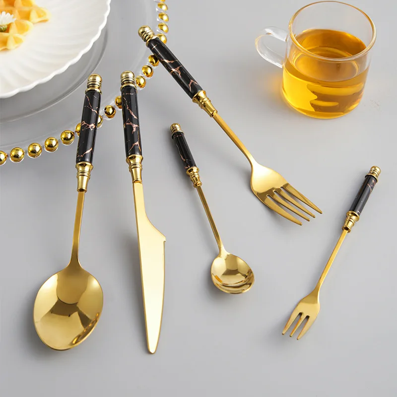 Nordic Style Stainless Steel Dinner Knife Fork Spoon Creative Fashion Marble Pattern Ceramic Handle Tableware Gold Cutlery Set