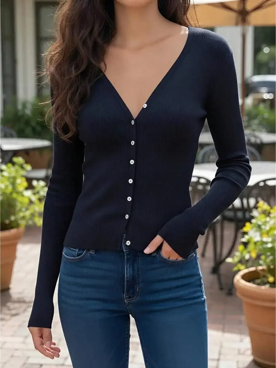 

Women Long Sleeve V-Neck Knit Cardigan Button Closure Casual Sweater Fall