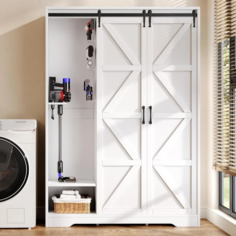 

2026 New：Broom , 67 H Wooden Vacuum Storage Cabinet, Utility Closet with Sliding Door, Cleaning Orga
