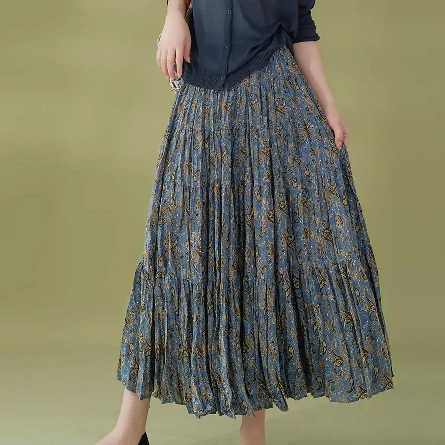 

Dimanaf Summer 2024 Women Long Skirts Floral Design Elastic Waist Vintage Elegant Loose Lace Purple Skirts